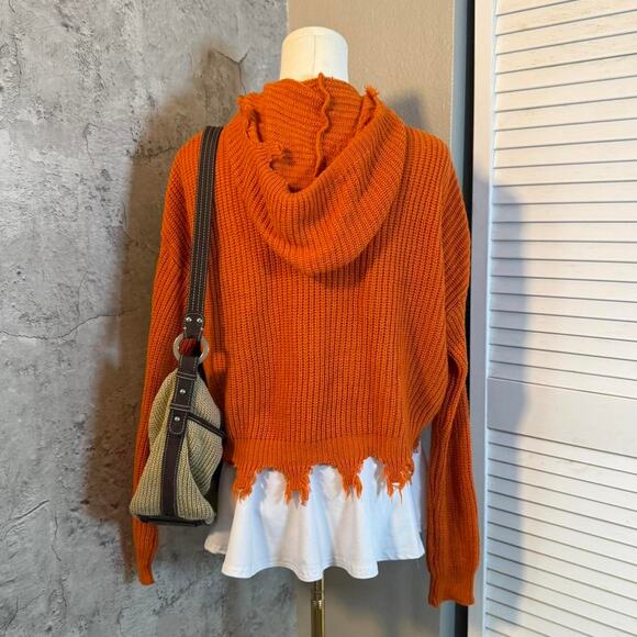 Orange Distressed Cream Knit Zip Up Hoodie - Picture 5 of 7